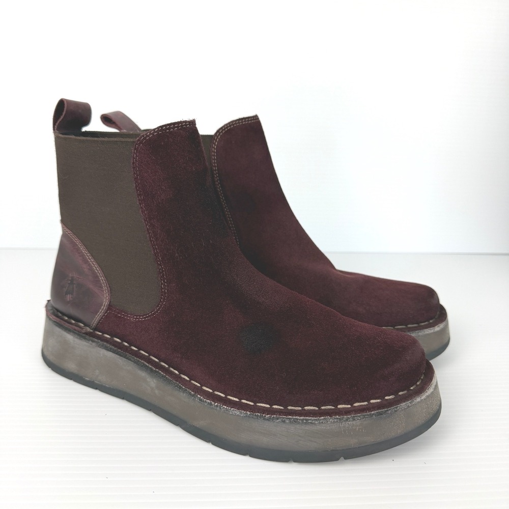 Fly London Salv Burgundy Suede Leather Platform Chelsea Boots Womens Size‎ 38